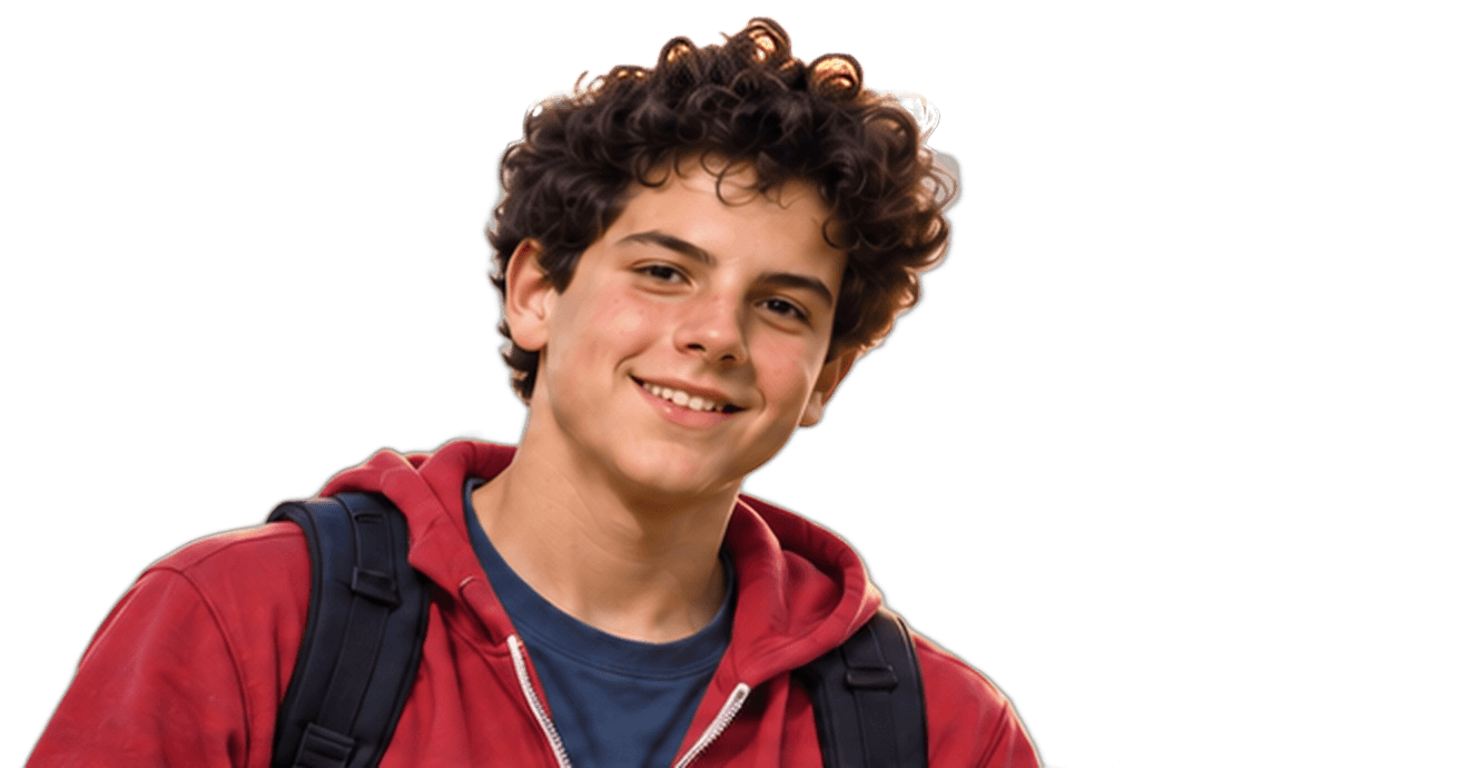 Carlo Acutis sorrindo, de moletom vermelho
