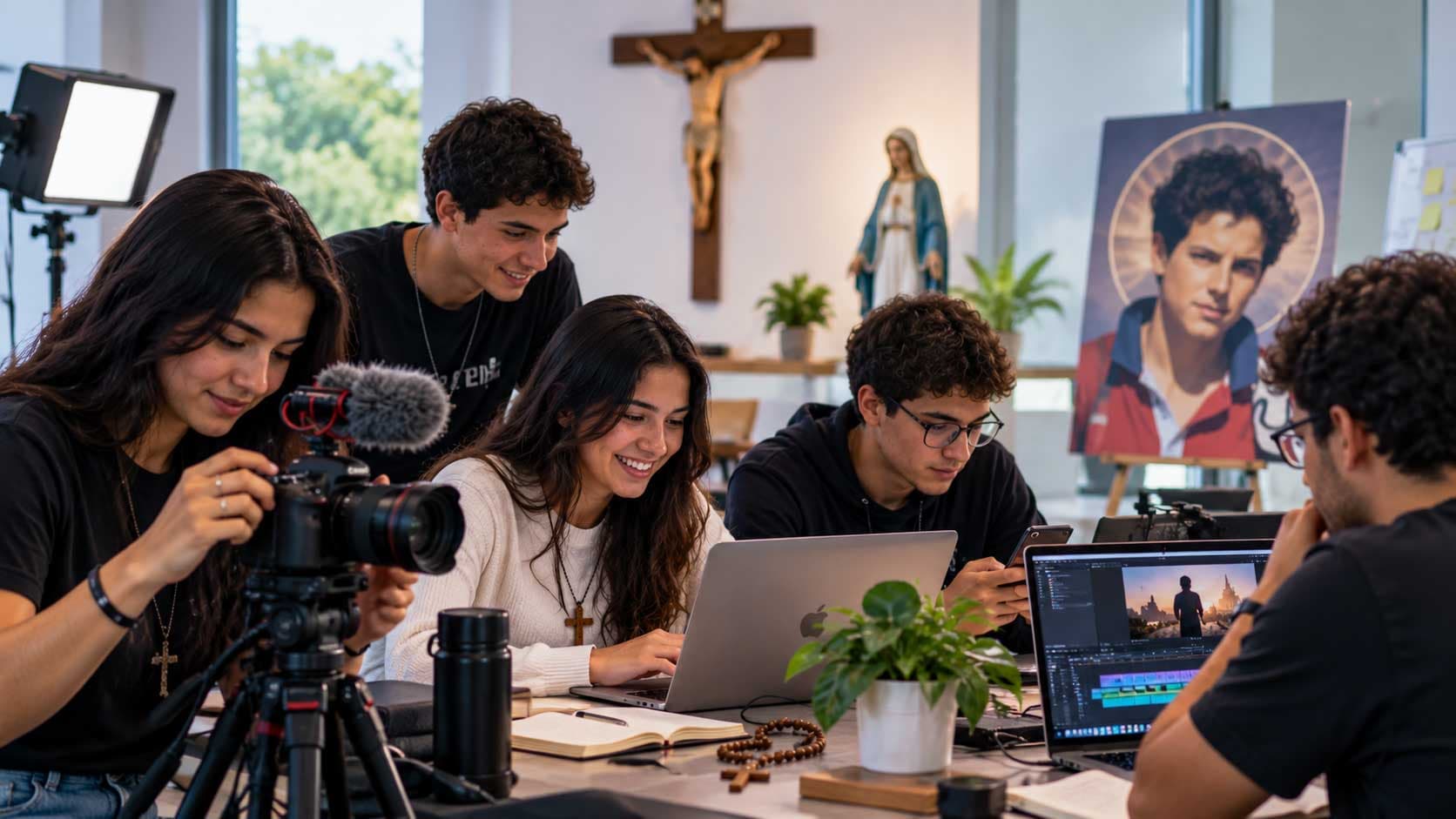 Jovem produzindo conteúdo de evangelização digital em um notebook